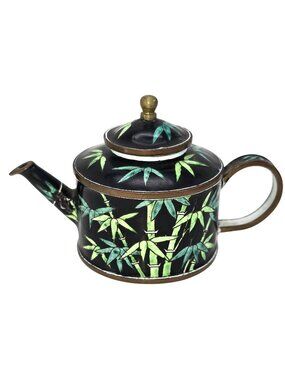 Chinese Enamel Bamboo Teapot With Lid Vintage Black and Green JE119
